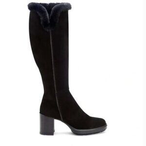 Aquatalia Ibis Black Suede / Soft Faux Fur Knee High Heeled Leather Boots 10.5